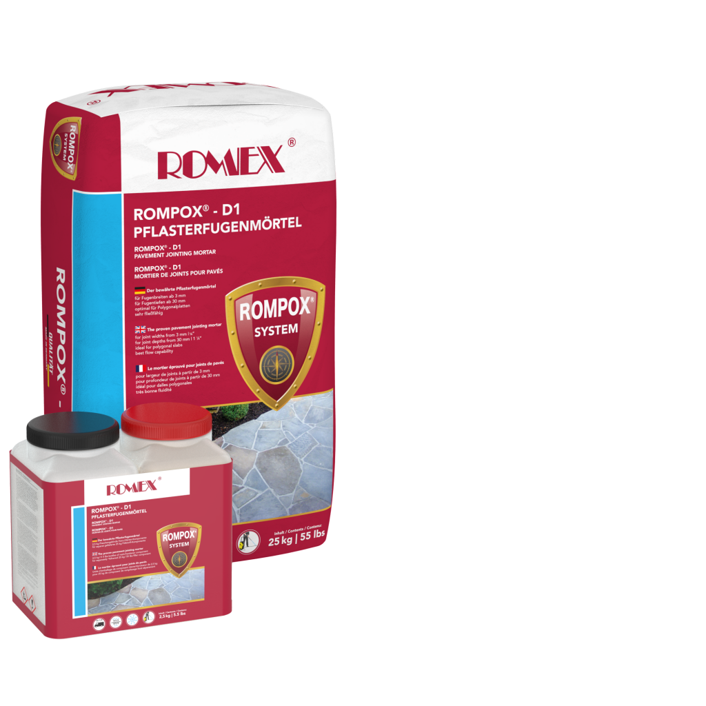 D1 Commercial Resin Jointing
Recommended When:
• Surface needs to withstand 7.5 T of weight
• Joint widths over 1/4" | 5mm (Concrete Pavers)
• Joint widths over 1/8" | 3mm (Porcelain Tile &
Natural Stone)
• Plazas and commercial spaces